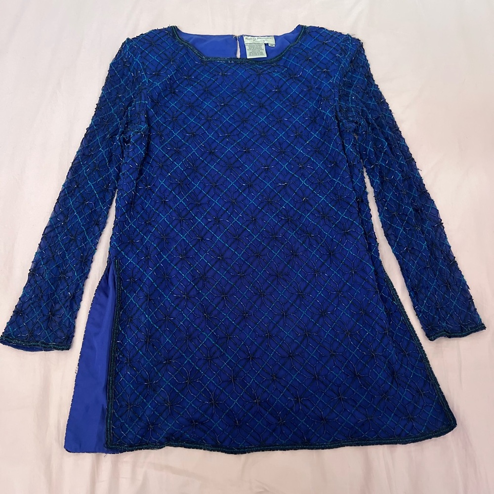 Papell Boutique Royal Blue Beaded Textured Blouse
